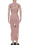 Pink Sexy Sleeveless Hollow Out Stripe Printing Midi Dress YBS86709-1