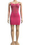 Rose Red Sexy Condole Belt Chest Wrap Net Yarn Hot Drilling Pure Color Mini Dress XZ5132-3