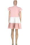 Pink&White Fashion Causal Spliced Lotus Leaf Sleeve Loose Dress SM9187-2