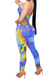 Blue Fashion Sleeveless Sexy Condole Belt Chest Wrap Bandage Long Pants Bodycon Jumpsuits XZ5179-2