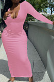 Pink Women Deep V Neck Tight Sexy Long Sleeve Long Dress Q910-3