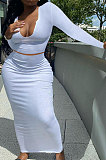 White Women Sexy V Neck Long Sleeve Short Top Skirts Sets Q911-2