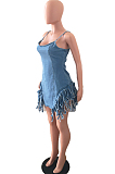 Ligth Blue Tassel Fashion Sling Package Buttocks Slim Fitting Dress JLX3003