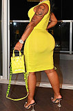 Yellow Women Pure Color Ruffle Drawsting Sleeveless Bodycon Casual Mini Dress MLM9072-10