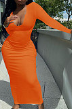 Orange Women Deep V Neck Tight Sexy Long Sleeve Long Dress Q910-5