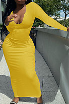 Yellow Women Deep V Neck Tight Sexy Long Sleeve Long Dress Q910-4