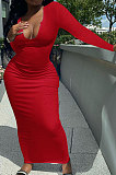 Red Women Deep V Neck Tight Sexy Long Sleeve Long Dress Q910-6