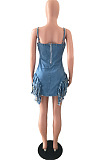 Ligth Blue Tassel Fashion Sling Package Buttocks Slim Fitting Dress JLX3003