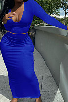 Blue Women Sexy V Neck Long Sleeve Short Top Skirts Sets Q911-9