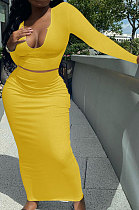 Yellow Women Sexy V Neck Long Sleeve Short Top Skirts Sets Q911-4