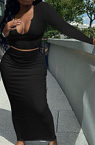 Black Women Sexy V Neck Long Sleeve Short Top Skirts Sets Q911-7