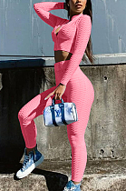 Pink Casual Pure Color Zipper Long Sleeve Tight Pants Sports Sets X9311-2