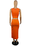 Orange Sexy Pure Color Sleeveless Bind Vest Open Fork Skirts Sets E8605