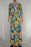 Blue Euramerican Fashion Print V Neck Simple Giant Swing Long Dress X9316-2