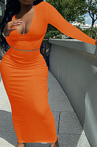 Orange Women Sexy V Neck Long Sleeve Short Top Skirts Sets Q911-5