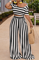 Black Euramerican Fashion Midriff Stripe Wide Legged Pants Two Piece X9310-2