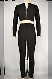 Black Casual Pure Color Zipper Long Sleeve Tight Pants Sports Sets X9311-3