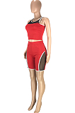 Red Fashion Casual Net Yarn Splied Brace Perspective Vest Shorts Two Piece SM9190-2