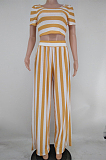 Orange Euramerican Fashion Midriff Stripe Wide Legged Pants Two Piece X9310-1