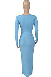 Sky Blue Women Sexy V Neck Long Sleeve Short Top Skirts Sets Q911-1