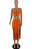 Orange Sexy Pure Color Sleeveless Bind Vest Open Fork Skirts Sets E8605
