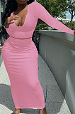 Pink Women Sexy V Neck Long Sleeve Short Top Skirts Sets Q911-3