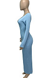 Sky Blue Women Deep V Neck Tight Sexy Long Sleeve Long Dress Q910-1