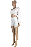 White Casual Sexy Pure Color Pocket Loose The Side Long Sleeve Shorts Sets SM9191-1