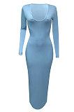 Sky Blue Women Deep V Neck Tight Sexy Long Sleeve Long Dress Q910-1