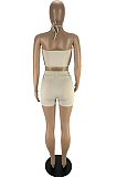 Cream White Fashion Sexy Pure Color Halter Neck Backless Shorts Two Piece LYY9308-2