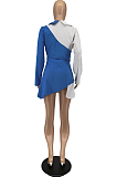 Blue White Summer Color Matching Buttons Shirts Dress AA5258-1