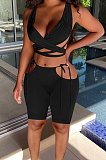 Black Women Pure Color Bandage Casaual Shorts Sets ED8501-1