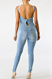 Light Blue Jeans Slim Fit Halter Neck Zipper Jumpsuits QZ3104