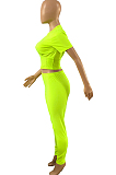 Neon Green Collect Waist Short Sleeve Long Pants Sports Sets DMM8170-2
