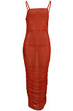 Euramerican Women Pure Color Net Yarn Condole Blet Boob Tube Top Shirred Detail Long Dress ED8508