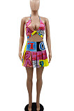 Euramerican Women Trendy Printing Spaghetti Strap Open Back Sexy Skirts Sets GB8023