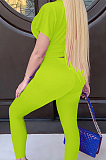 Neon Green Collect Waist Short Sleeve Long Pants Sports Sets DMM8170-2