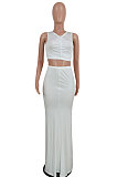 Women Pure Color Sleeveless Shirred Detail Top Fishtail Skirt Sets ED8505