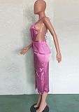Purple Euramerican Sexy Satin Bind Halter Neck Dew Waist High Open Fork Dress BN9285-1