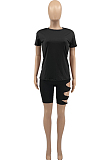 Black Summer Short Sleeve Hollow Out Kink Shorts Sports Sets YYF8229-1