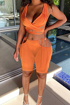 Orange Women Pure Color Bandage Casaual Shorts Sets ED8501-2