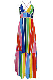 Euramerican Women Fashion Rainbow Stripe Printing Condole Belt Long Dress ED8502