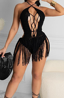 Black Sexy Weaving Two Wear Short Tassel Beach Skirts QZ4345-1