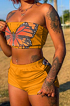 Earth Yellow Fashion Casual Butterfly Print Boot Tube Top Shorts Two Piece JC7059-3
