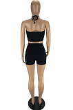 Black Fashion Sexy Pure Color Halter Neck Backless Shorts Two Piece LYY9308-1
