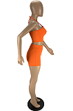 Orange Fashion Sexy Pure Color Halter Neck Backless Shorts Two Piece LYY9308-3