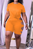 Orange Summer Short Sleeve Hollow Out Kink Shorts Sports Sets YYF8229-6