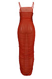 Euramerican Women Pure Color Net Yarn Condole Blet Boob Tube Top Shirred Detail Long Dress ED8508