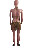 Brown Sexy Weaving Two Wear Short Tassel Beach Skirts QZ4345-4