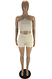 Cream White Fashion Sexy Pure Color Halter Neck Backless Shorts Two Piece LYY9308-2